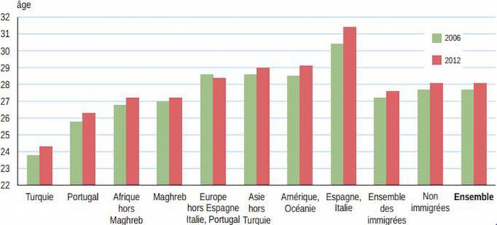 Âge moyen à la première maternité selon le pays de naissance des mères immigrées, en 2006 et en 2012. Capture d'écran/Insee